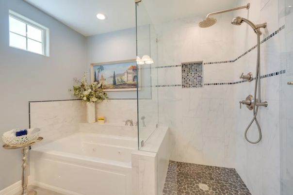 Bathroom, Glass Shower, Interior, Marble Walls, Recessed Lighting