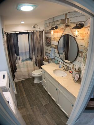 Bathroom, Dual Sink Vanities, Interior, Recessed Lighting, Wood Texture Flooring