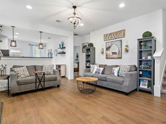 Interior, Living room, Pendant Lights, Recessed Lighting, Wood Texture Flooring