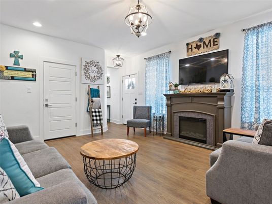 Fireplace, Interior, Living room, Recessed Lighting, Wood Texture Flooring