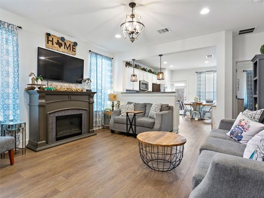 Chandelier, Dining room, Fireplace, Interior, Kitchen, Living room, Pendant Lights, Recessed Lighting, Wood Texture Flooring