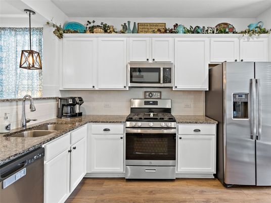 Interior, Kitchen, Pendant Lights, Stainless Steel Appliances, Wood Texture Flooring