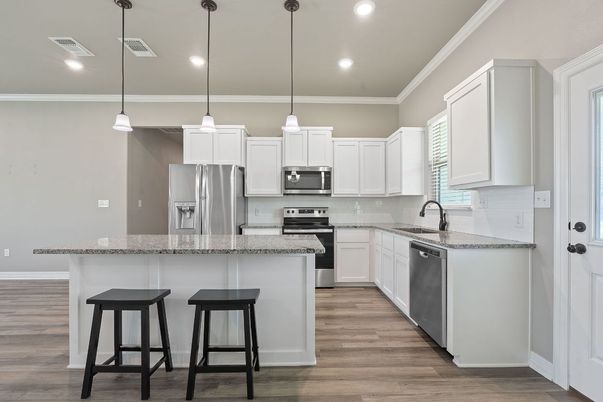Interior, Kitchen, Pendant Lights, Recessed Lighting, Stainless Steel Appliances, Wood Texture Flooring