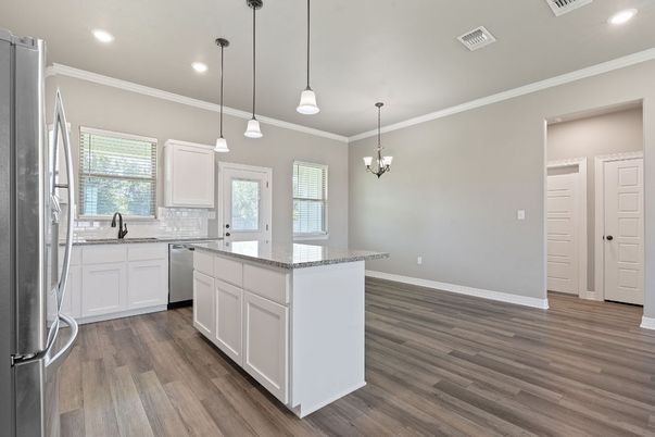 Interior, Kitchen, Pendant Lights, Recessed Lighting, Wood Texture Flooring