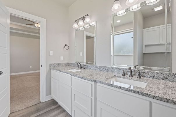 Bathroom, Dual Sink Vanities, Interior, Recessed Lighting, Wood Texture Flooring
