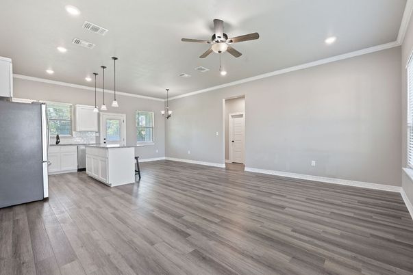Empty room, Interior, Kitchen, Pendant Lights, Recessed Lighting, Wood Texture Flooring