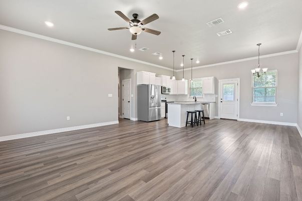 Chandelier, Interior, Kitchen, Pendant Lights, Recessed Lighting, Wood Texture Flooring