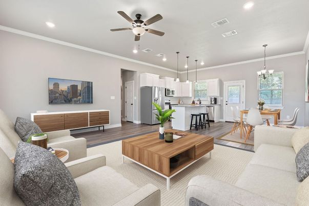 Chandelier, Dining room, Interior, Kitchen, Living room, Pendant Lights, Recessed Lighting, Stainless Steel Appliances, Wood Texture Flooring