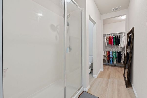 Bathroom, Glass Shower, Interior, Walk-in Closets, Wood Texture Flooring