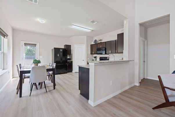 Dining room, Interior, Kitchen, Stainless Steel Appliances, Wood Texture Flooring