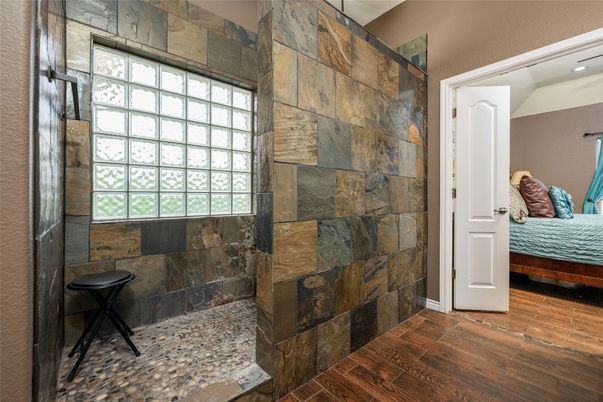 Bathroom, Interior, Stone Walls, Wood Texture Flooring