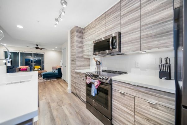 Interior, Kitchen, Living room, Recessed Lighting, Wood Texture Flooring