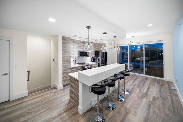 Interior, Kitchen, Pendant Lights, Recessed Lighting, Wood Texture Flooring