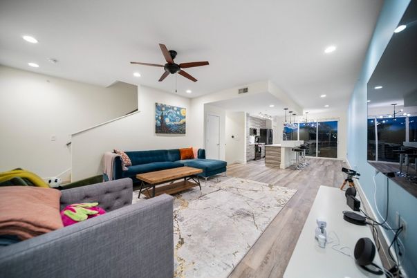 Interior, Kitchen, Living room, Recessed Lighting, Wood Texture Flooring
