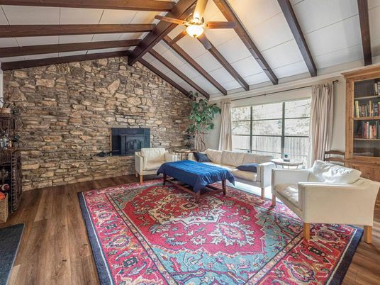 Fireplace, Interior, Living room, Stone Walls, Wooden Beams, Wood Texture Flooring
