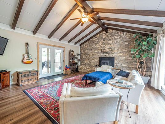 Fireplace, Interior, Living room, Stone Walls, Wooden Beams, Wood Texture Flooring