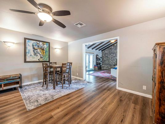 Dining room, Interior, Stone Walls, Wood Texture Flooring