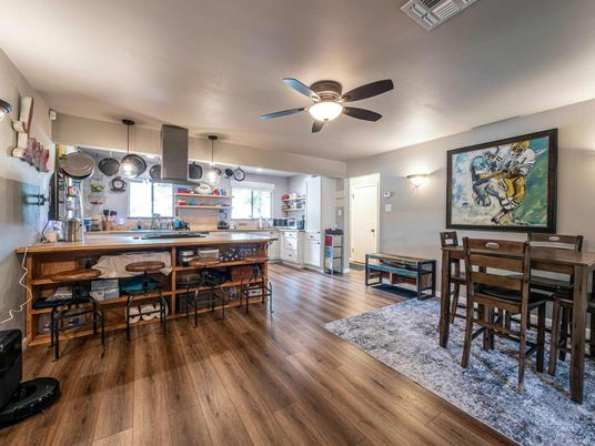 Dining room, Interior, Kitchen, Pendant Lights, Wood Texture Flooring
