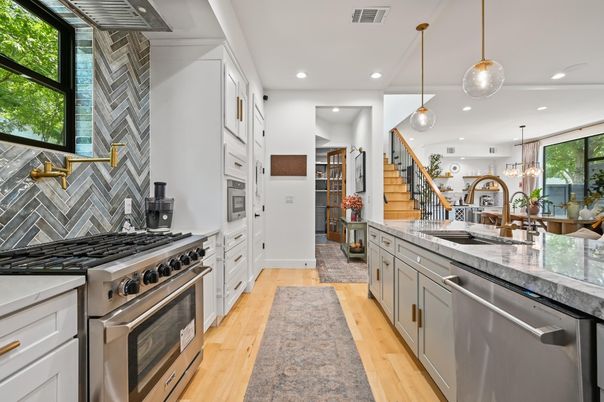 Interior, Kitchen, Pendant Lights, Recessed Lighting, Stainless Steel Appliances, Wood Texture Flooring