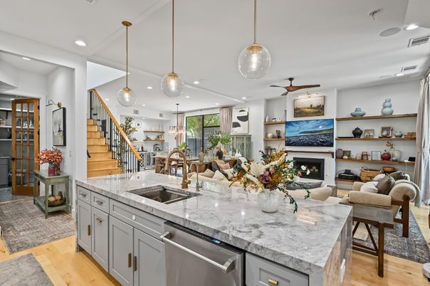 Dining room, Fireplace, Interior, Kitchen, Living room, Pendant Lights, Recessed Lighting, Wood Texture Flooring