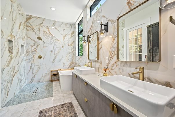 Bathroom, Dual Sink Vanities, Free Standing Baths, Interior, Marble Walls, Recessed Lighting
