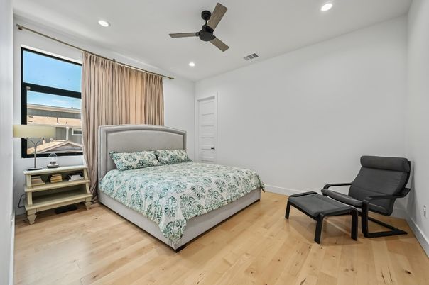 Bedroom, Interior, Recessed Lighting, Wood Texture Flooring