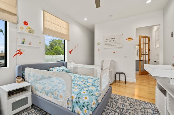 Bedroom, Interior, Recessed Lighting, Wood Texture Flooring