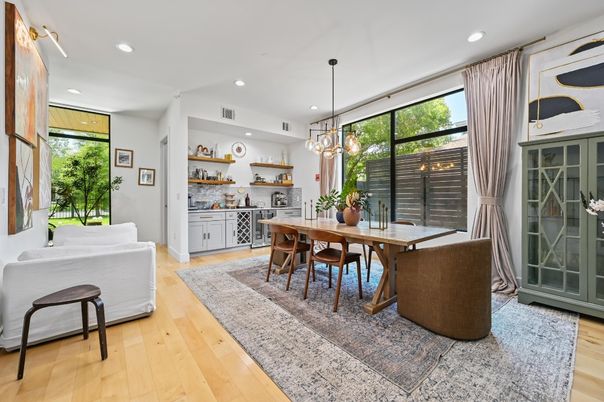 Dining room, Interior, Pendant Lights, Recessed Lighting, Wood Texture Flooring