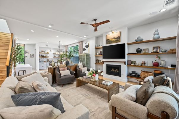 Dining room, Fireplace, Interior, Living room, Pendant Lights, Recessed Lighting