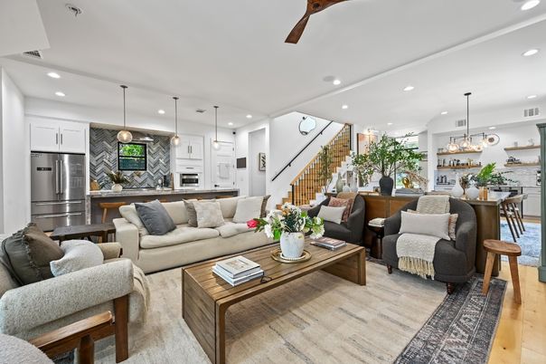 Dining room, Interior, Kitchen, Living room, Pendant Lights, Recessed Lighting, Stainless Steel Appliances, Wood Texture Flooring