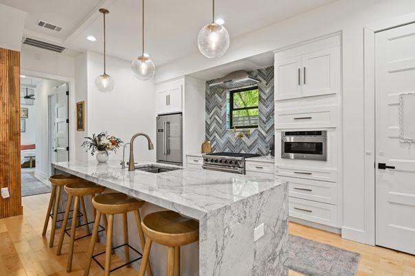 Interior, Kitchen, Pendant Lights, Recessed Lighting, Stainless Steel Appliances, Wood Texture Flooring