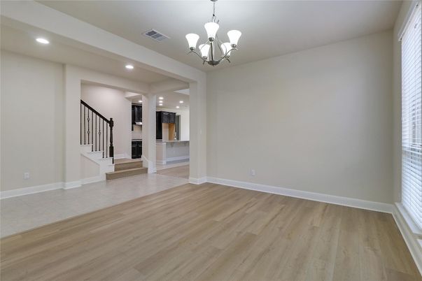 Chandelier, Empty room, Interior, Recessed Lighting, Wood Texture Flooring
