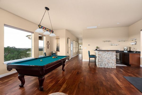 Billiard Table, Game Room, Interior, Pendant Lights, Recessed Lighting, Wood Texture Flooring