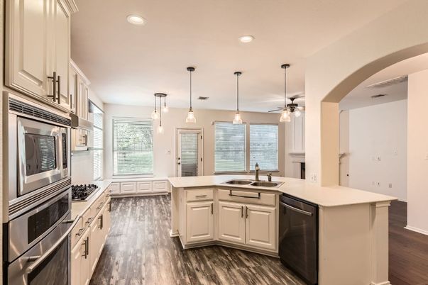 Interior, Kitchen, Pendant Lights, Recessed Lighting, Stainless Steel Appliances, Wood Texture Flooring