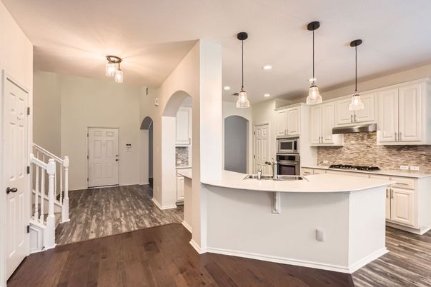 Interior, Kitchen, Pendant Lights, Recessed Lighting, Wood Texture Flooring