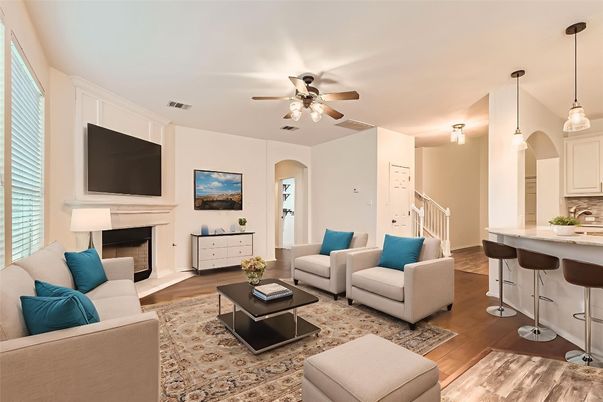 Fireplace, Interior, Living room, Pendant Lights, Wood Texture Flooring