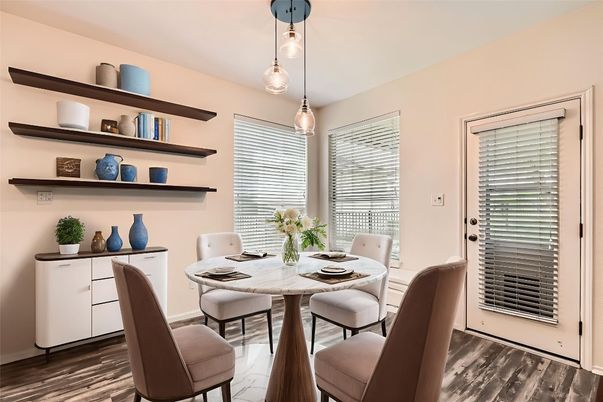 Dining room, Interior, Pendant Lights, Wood Texture Flooring