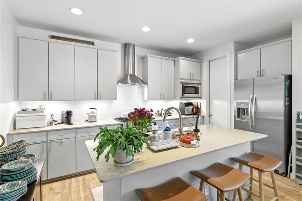 Interior, Kitchen, Recessed Lighting, Stainless Steel Appliances, Wood Texture Flooring