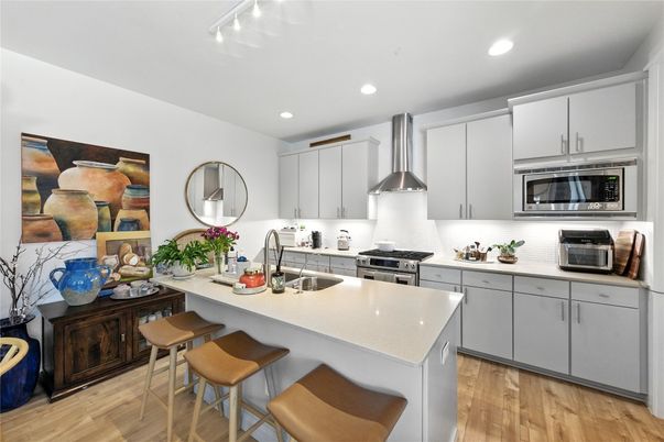 Interior, Kitchen, Recessed Lighting, Stainless Steel Appliances, Wood Texture Flooring