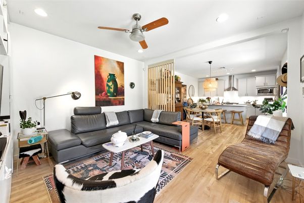 Dining room, Interior, Kitchen, Living room, Pendant Lights, Recessed Lighting, Stainless Steel Appliances, Wood Texture Flooring