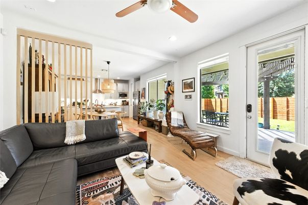 Dining room, Interior, Kitchen, Living room, Pendant Lights, Recessed Lighting, Stainless Steel Appliances, Wood Texture Flooring