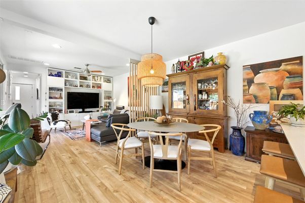 Dining room, Interior, Living room, Pendant Lights, Recessed Lighting, Wood Texture Flooring