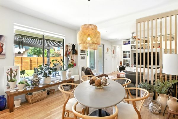 Dining room, Interior, Pendant Lights, Wood Texture Flooring