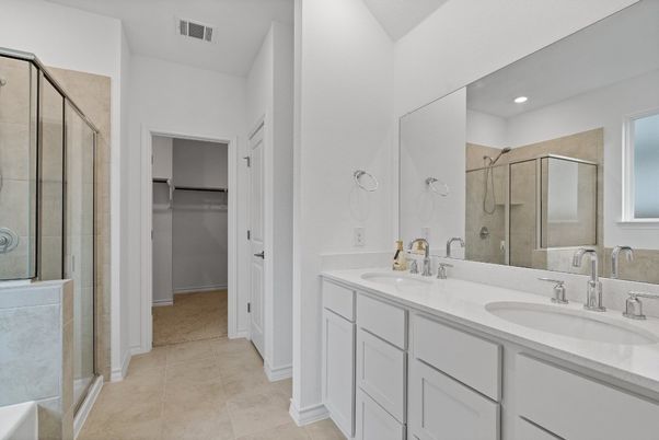 Bathroom, Dual Sink Vanities, Glass Shower, Interior, Recessed Lighting