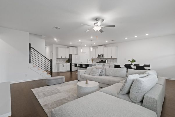 Dining room, Interior, Kitchen, Living room, Pendant Lights, Recessed Lighting, Stainless Steel Appliances, Wood Texture Flooring