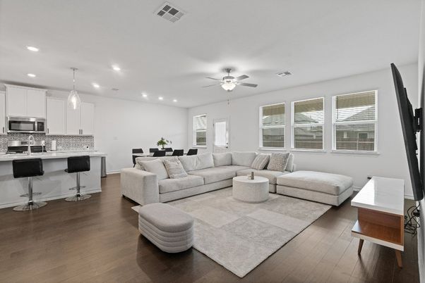Dining room, Interior, Kitchen, Living room, Pendant Lights, Recessed Lighting, Stainless Steel Appliances, Wood Texture Flooring