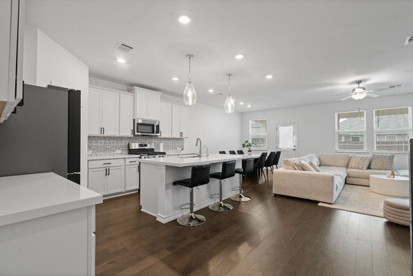 Interior, Kitchen, Living room, Pendant Lights, Recessed Lighting, Stainless Steel Appliances, Wood Texture Flooring