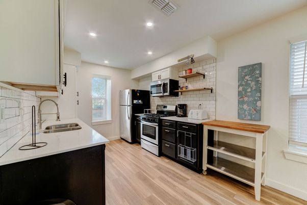 Interior, Kitchen, Recessed Lighting, Stainless Steel Appliances, Wood Texture Flooring
