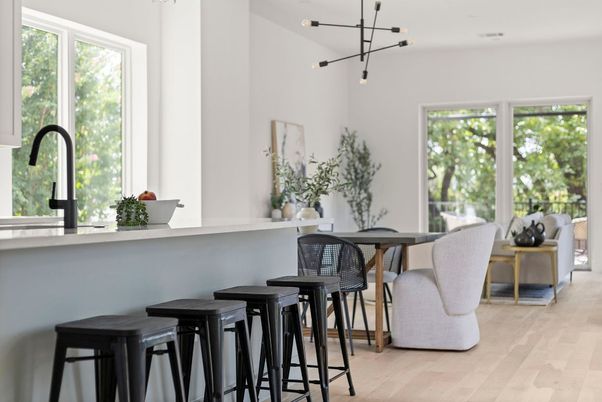 Dining room, Interior, Pendant Lights, Wood Texture Flooring