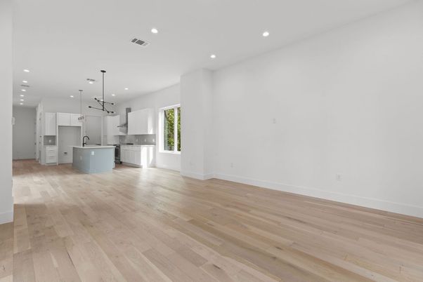 Empty room, Interior, Kitchen, Pendant Lights, Recessed Lighting, Wood Texture Flooring
